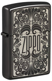 Front shot of Zippo Logo Filigree Design High Polish Black Windproof Lighter standing at a 3/4 angle