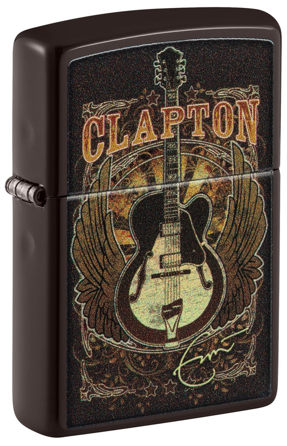 Front shot of Eric Clapton Guitar Design Brown Windproof Lighter standing at a 3/4 angle