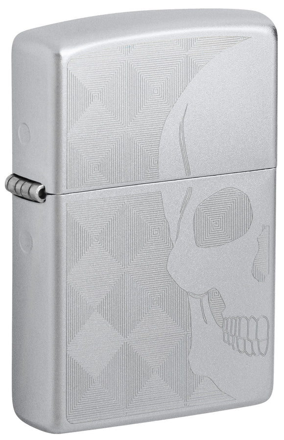 Front shot of Skull Design Auto Engraved Satin Chrome Windproof Lighter standing at a 3/4 angle