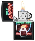 Neon Sign Design Black Matte Windproof Lighter with its lid open and lit.