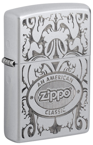 Front view of Zippo American Classic Windproof Lighter standing at a 3/4 angle.