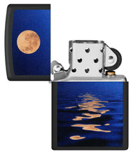 Full Moon?áDesign Black Light Black Matte Windproof Lighter with its lid open and unlit.