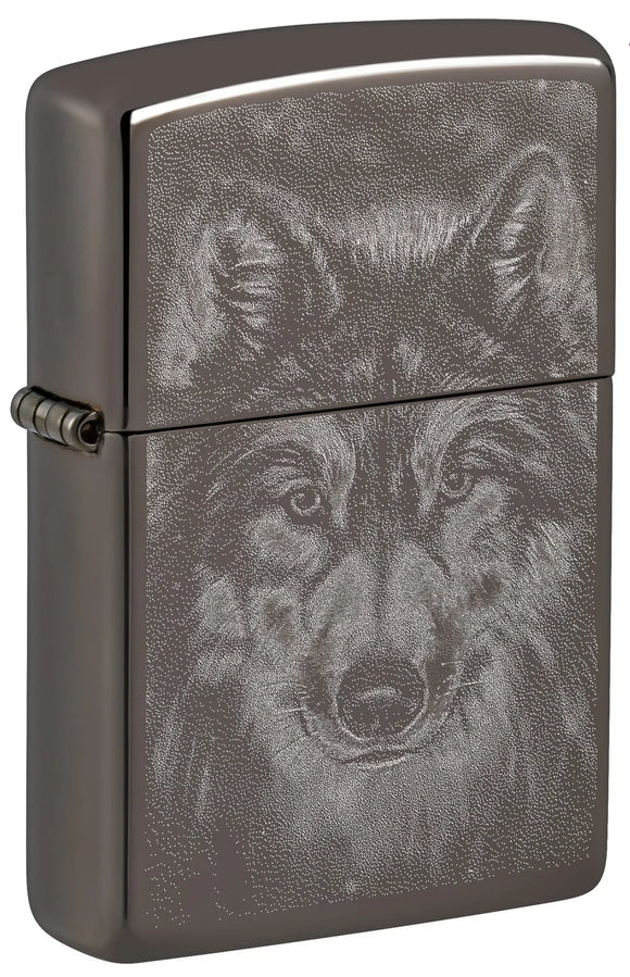 Front shot of Zippo Wolf Design Windproof Lighter standing at a 3/4 angle.