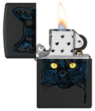 Zippo Black Cat Design Windproof Lighter with its lid open and lit.