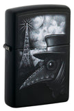 Front shot of Plague of Disinformation Black Matte Windproof Lighter standing at a 3/4 angle