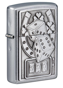 Front shot of Lucky 7 Emblem Street Chrome™ Windproof Lighter standing at a 3/4 angle