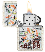 Sushi Design Mercury Glass Windproof Lighter with its lid open and lit.