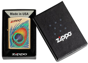 Peacock Feather Design Windproof Pocket Lighter in its packaging.