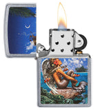 Rick Rietveld Mermaid Design Street Chrome™ Windproof Lighter with its lid open and lit.