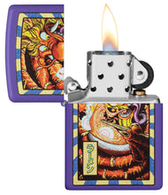 Ramen Dragon Design Purple Matte Windproof Lighter with its lid open and lit.