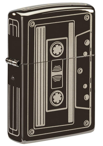 Front view of Cassette Tape Black Ice?« Windproof Lighter standing at a 3/4 angle