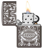 Zippo American Classic Windproof Lighter with its lid open and lit.