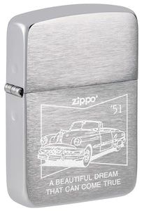 Front shot of Zippo 50s Car 1941 Replica Brushed Chrome Design standing at a 3/4 angle.