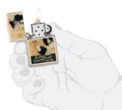 Zippo Windy Design Flat Sand Windproof Lighter lit in hand.