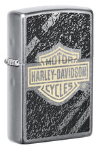 Front shot of Harley-Davidson?« Bar & Shield Asphalt Street Chrome?äó Windproof Lighter standing at a 3/4 angle.