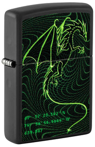 Front shot of Zippo Cyberpunk Dragon Design Windproof Lighter standing at a 3/4 angle.