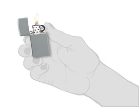 Slim® Flat Grey Windproof Lighter lit in hand.