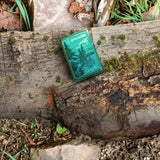 Lifestyle image of Mountain Design High Polish Teal Windproof Lighter laying on a log in the woods.