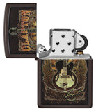 Eric Clapton Guitar Design Brown Windproof Lighter with its lid open and unlit.