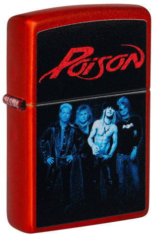 Front shot of Poison Design Metallic Red Windproof Lighter standing at a 3/4 angle