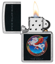 Steve Miller Band Welcome to the Vault Design Street Chrome?äó Windproof Lighter with its lid open and lit.