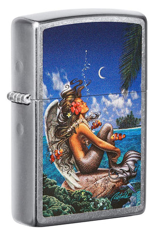 Front view of Rick Rietveld Mermaid Design Street Chrome?äó Windproof Lighter standing at a 3/4 angle.