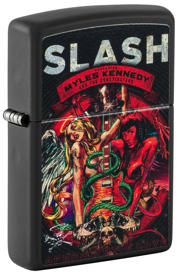 Front shot of Slash Design Black Matte Windproof Lighter standing at a 3/4 angle