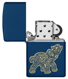 Lucky Elephant Design Navy Matte Windproof Lighter with its lid open and unlit.