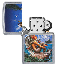 Rick Rietveld Mermaid Design Street Chrome?äó Windproof Lighter with its lid open and unlit.