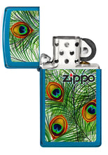 Slim Peacock Feathers Design Windproof Pocket Lighter with its lid open and unlit.