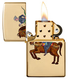 Indian Wedding Horse Design Windproof Pocket Lighter with its lid open and lit.