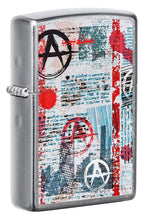 Front shot of Anarchy Design Street Chrome?äó Windproof Lighter standing at a 3/4 angle.