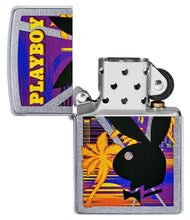 Playboy Beach Rabbit Head Street Chrome?äó Windproof Lighter with its lid open and unlit.