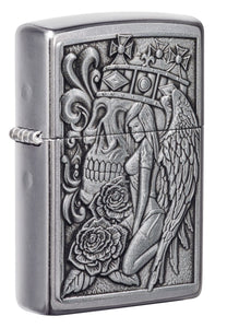 Front shot of Skull and Angel Emblem Design Street Chrome™ Windproof Lighter standing at a 3/4 angle