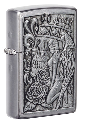 Front shot of Skull and Angel Emblem Design Street Chrome?äó Windproof Lighter standing at a 3/4 angle