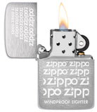 Zippo Repeat 1941 Replica Brushed Chrome Design with its lid open and lit.