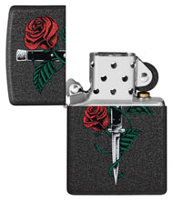 Rose Dagger Tattoo Design Black Crackle?« Windproof Lighter with its lid open and unlit.