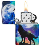 Wolf Howling Design 540 Color Windproof Lighter with its lid open and lit.