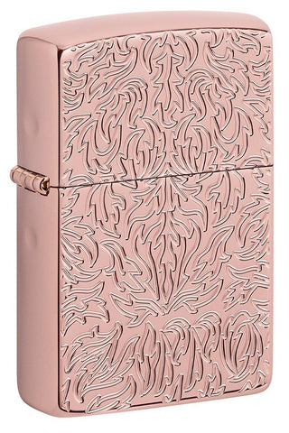 Front shot of Zippo Carved Armor® Rose Gold Design Windproof Lighter standing at a 3/4 angle.