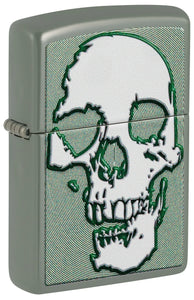 Front shot of Zippo Skull Design Windproof Lighter standing at a 3/4 angle.