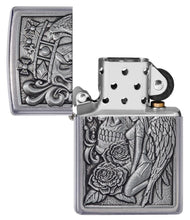 Skull and Angel Emblem Design Street Chrome?äó Windproof Lighter with its lid open and unlit