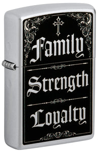 Front view of Zippo Family Strength Loyalty Design Windproof Lighter standing at a 3/4 angle.