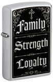 Front view of Zippo Family Strength Loyalty Design Windproof Lighter standing at a 3/4 angle.