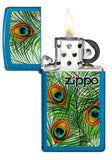 Slim Peacock Feathers Design Windproof Pocket Lighter with its lid open and lit.
