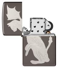 Dragon Cat Design Black Ice?« Windproof Lighter with its lid open and unlit.