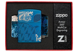 Skull Design Armor?« High Polish Blue Windproof Lighter in its packaging.