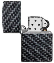 Carbon Fiber Design Windproof Lighter with its lid open and unlit