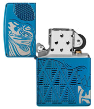 Skull Design Armor?« High Polish Blue Windproof Lighter with its lid open and unlit.