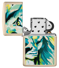 Lion Design Flat Sand Windproof Lighter with its lid open and unlit.