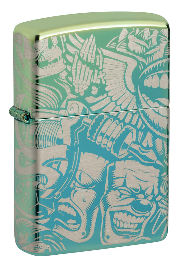 Front shot of Laser 360° Tattoo Theme Design High Polish Teal Windproof Lighter standing at a 3/4 angle.